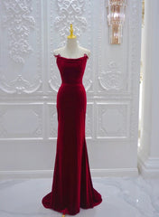 Wine Red Velvet Straps Cross Back Long Party Dresses, Wine Red Velvet Prom Dresses