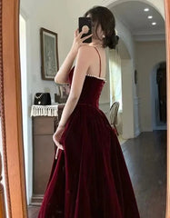 Wine Red Velvet Straps Long Evening Dresses, Wine Red Velvet Prom Dresses