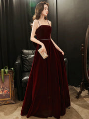 Wine Red Velvet Straps Long Party Dress with Bow, Wine Red Prom Dress