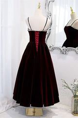 Wine Red Velvet Tea Length Party Dress, Wine Red Straps Homecoming Dress