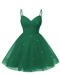 Womens V Neck Tulle Spaghetti Straps Emerald Green Homecoming Dresses with Corset Back Short Prom Gowns for Teens