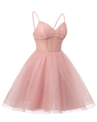 Womens V Neck Tulle Spaghetti Straps Blush Pink Homecoming Dresses with Corset Back Short Prom Gowns for Teens