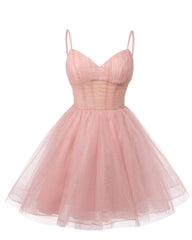 Womens V Neck Tulle Spaghetti Straps Pearl Pink Homecoming Dresses with Corset Back Short Prom Gowns for Teens