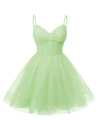 Womens V Neck Tulle Spaghetti Straps Mint Green Homecoming Dresses with Corset Back Short Prom Gowns for Teens