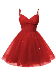 Womens V Neck Tulle Spaghetti Straps Red Homecoming Dresses with Corset Back Short Prom Gowns for Teens