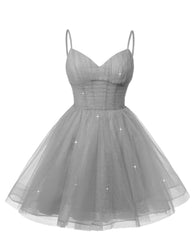 Womens V Neck Tulle Spaghetti Straps Silver Gray Homecoming Dresses with Corset Back Short Prom Gowns for Teens