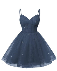 Womens V Neck Tulle Spaghetti Straps Stormy Blue Homecoming Dresses with Corset Back Short Prom Gowns for Teens