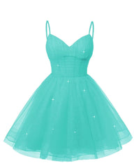 Womens V Neck Tulle Spaghetti Straps Turquoise Homecoming Dresses with Corset Back Short Prom Gowns for Teens