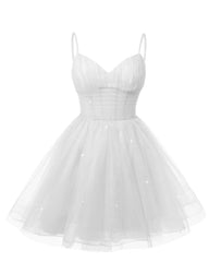 Womens V Neck Tulle Spaghetti Straps White Homecoming Dresses with Corset Back Short Prom Gowns for Teens