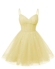 Womens V Neck Tulle Spaghetti Straps Yellow Homecoming Dresses with Corset Back Short Prom Gowns for Teens