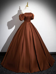 Brown Satin Floor Length Prom Dress , Off the Shoulder A-Line Evening Dress