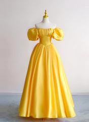 Yellow A-Line Satin Off Shoulder Prom Dress, Yellow Evening Dress