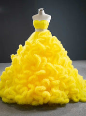 Yellow Ball Gown Tulle Ruffles Sweetheart Crystal Prom Dresses