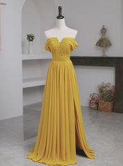 Yellow Chiffon Off the Sholuder Pleats Prom Dresses