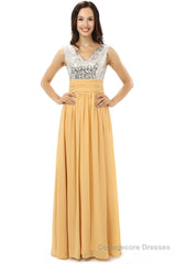 Yellow Chiffon Silver Sequins V-neck Backless Bridesmaid Dresses