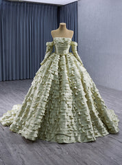 Yellow Green Long Sleeve Tiers Prom Dresses