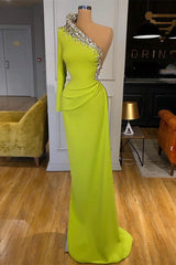 Yellow Green Long Sleeves One Shoulder Prom Dresses Mermaid With Beads