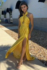 Yellow Halter Satin Mermaid Long Prom Dresses With Slit