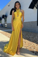 Yellow Halter Satin Mermaid Long Prom Dresses With Slit