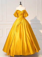 Yellow Off Shoulder Satin Long Prom Dresses, Yellow Long Evening Dresses