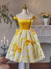 Yellow Off the Shoulder Bow Homecoming Dresses