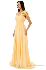 Yellow One Shoulder Chiffon With Pleats Flower Bridesmaid Dresses