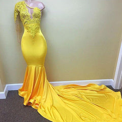 Yellow one shoulder mermaid prom Dresses, lace evening Dresses