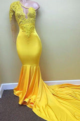 Yellow one shoulder mermaid prom Dresses, lace evening Dresses