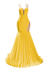 Yellow Prom Dresses Sexy Mermaid Women Evening Dresses Sleeveless Open Back