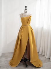 Yellow Satin Backless Beading Prom Dresses