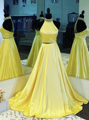 Yellow Satin Two Piece Halter Beading Prom Dresses