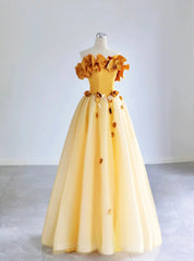 Yellow Tulle Applique Off the Shoulder Prom Dresses