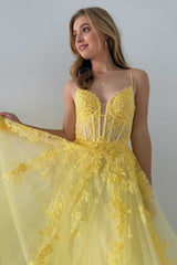 Yellow Tulle Appliques Lace-Up A-Line Long Prom Dress