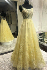 Yellow Tulle Long Prom Dresses with Lace, A-Line Backless Party Dresses