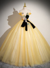 Yellow Tulle Off the Shoulder Appliques Quinceanera Dresses