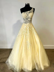 Yellow Tulle One Shoulder Appliques Prom Dresses