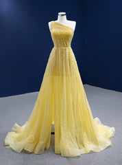 Yellow Tulle One Shoulder Pleats Beading Prom Dresses