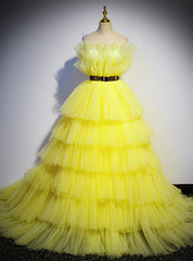 Yellow Tulle Pleats Spaghetti Straps Prom Dresses