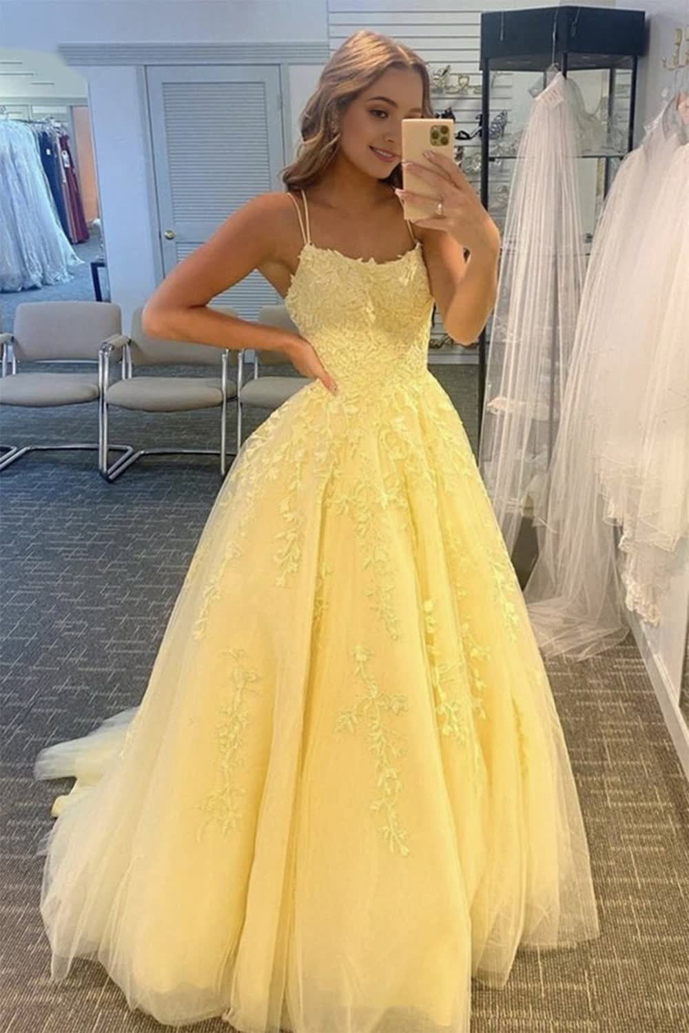 Yellow Tulle Prom Dress with Appliques