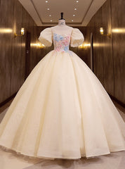 Yellow Tulle Puff Sleeve Appliques Quinceanera Dresses