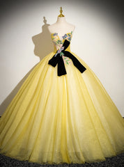 Yellow Tulle Strapless Appliques Quinceanera Dresses