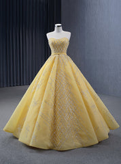 Yellow Tulle Strapless Sequins Beading Prom Dresses