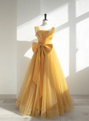 Yellow Tulle Straps Bow Pleats Prom Dresses