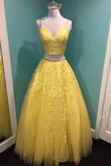 Yellow V-Neck Lace Long Prom Dress, Two Pieces Evening Graduation Dress