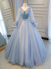 You Are Sure To Find The Perfect Blue Ball Gown Tulle Long Sleeve V-neck Pleats Appliques Quinceanera Dresses