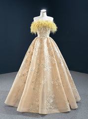 You Are Sure To Find The Perfect Champagne Tulle Embrodiery Strapless Feather Prom Dresses