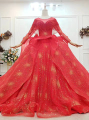 You Can Be The Star Red Ball Gown Tulle Gold Sequins Long Sleeve Beading Appliques Wedding Dresses