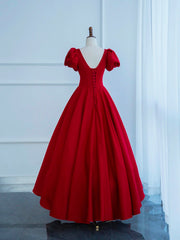 Dark Red Satin Long Prom Dress, A-Line Short Sleeve Evening Party Dress