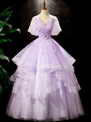 Fairy Purple Floral Floor Length Prom Dress, Beautiful V-Neck Party Birthday Dress