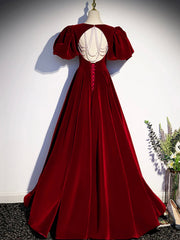 Burgundy Velvet Floor Length Prom Dress, Beautiful Open Back Evening Dress with Pearls